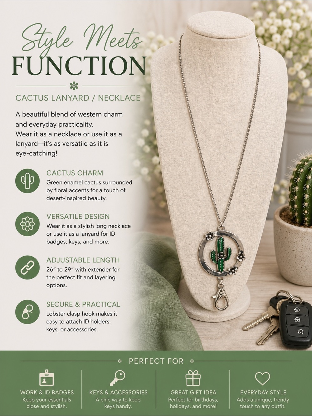 paparazzi Green Cactus Charm Lanyard Necklace with Silver Accents